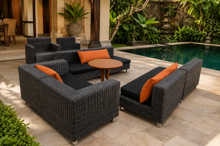 Poolside wicker sofa lounge with black cushions and terracotta pillows