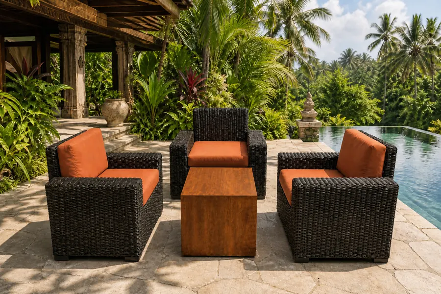 Poolside wicker lounge chairs with terracotta cushions in a tropical Bali villa