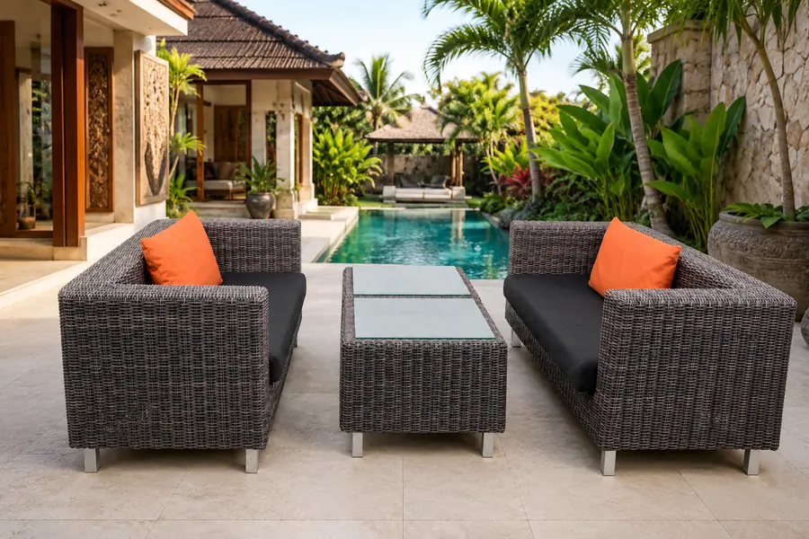 Outdoor wicker lounge set with black cushions and terracotta pillows by the pool
